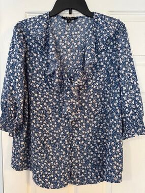 Lauren Ralph Lauren Navy and White Floral Ruffle Front Blouse